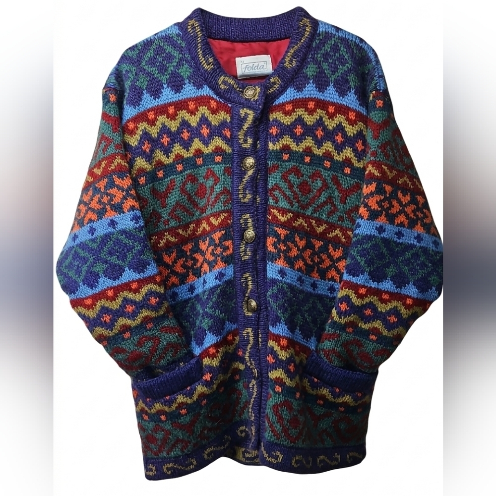 Vintage Folda Patterned Colorful Pure Wool Lined Jacket Sz M Womens - Picture 2 of 9